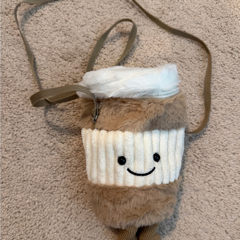 Plush Coffee Cup Crossbody Bag for Kids - Beige & White